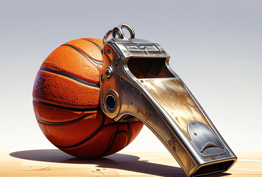 Logo has a basketball laying on the basketball court with an oversized whistle leaning on it.